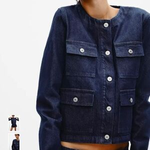 Zara Navy Denim Jacket with Pocket Design